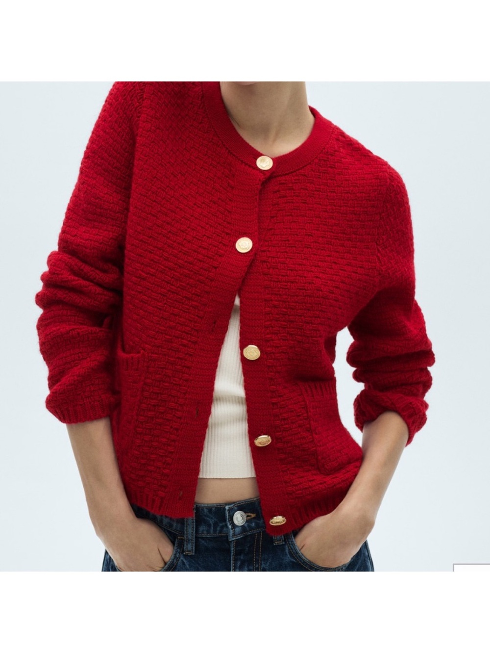 Mango Bright Red Button-Front Knit Sweater Cardigan Size L